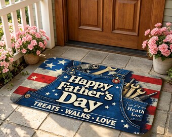 Happy Father's Day Patriotic Doormat, American Flag and Denim Tool Pocket Floor Mat for Entryway, Kitchen, Garage and Holiday Home Decor.