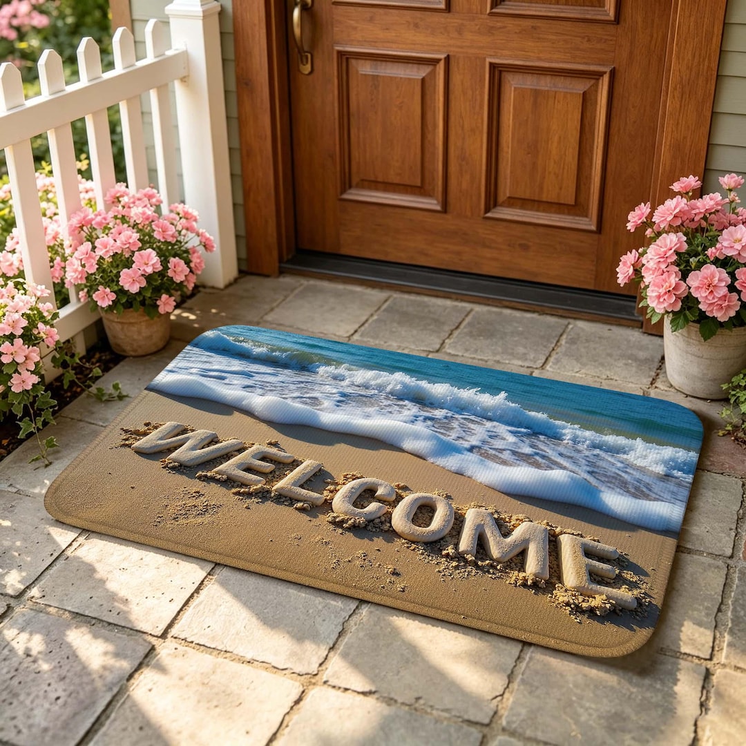 3D Beach Welcome Doormat, Ocean Wave & Sand Floor Mat, Non-slip ...