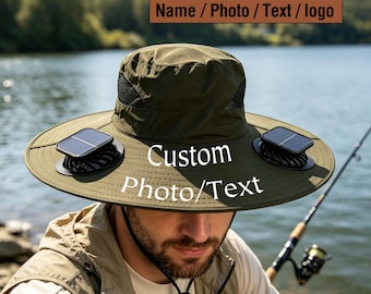 Personalized Custom Text Logo Dual Solar Cooling Fan Hat, Wide Brim UV Protection Outdoor Bucket Hat for Fishing Camping Work.