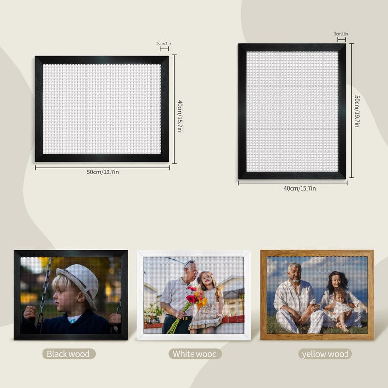 May include: Black, white, and yellow wood frames with a grid pattern, each with a different photo inside. The black frame is 50 x 40 cm (19.7 x 15.7 in), the white frame is 40 x 50 cm (15.7 x 19.7 in), and the yellow frame is 40 x 50 cm (15.7 x 19.7 in).
