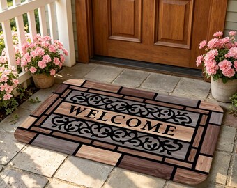Welcome Doormat, Rustic Wood Plank Style Floor Mat with Carved "WELCOME" Text for Entryway, Kitchen, Bathroom and Farmhouse Home Decor.