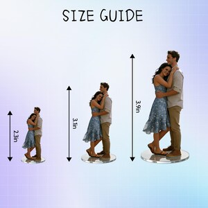 May include: A size guide shows three acrylic figures of a couple embracing. The figures are 2.3in, 3.1in, and 3.9in tall. The figures are on clear circular bases. The text "SIZE GUIDE" is at the top.