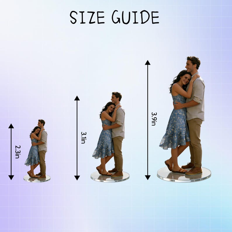 May include: A size guide shows three acrylic figures of a couple embracing. The figures are 2.3in, 3.1in, and 3.9in tall. The figures are on clear circular bases. The text "SIZE GUIDE" is at the top.