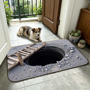 May include: A rectangular doormat with a 3D graphic of a manhole cover and a wooden ladder. The mat is gray with a dark hole and scattered rocks. A dog is lying on the floor near the mat.