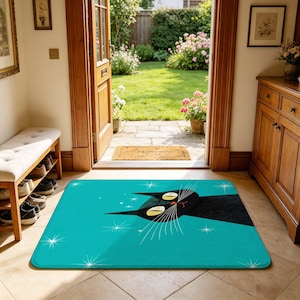 Mid-Century Modern Black Cat Doormat, Non Slip Absorbent Indoor Floor Mat for Entryway, Kitchen, Bathroom and Vintage Cat Lovers Home Decor.