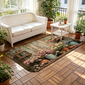 May include: A rectangular area rug featuring a printed design of a weathered wooden floor with scattered potted flowers, a hanging wooden lantern, and several metal watering cans filled with pink and white blossoms in a garden setting.