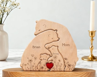 Personalized Wooden Bear Family Puzzle, Floral Hugging Bear Design, Unique Father’s Day Gift, Handcrafted Wooden Animal Decor.