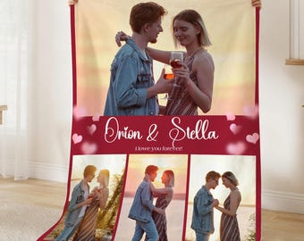 May include: A personalized fleece blanket featuring a couple's photos, with a burgundy border and accents. The blanket includes the names "Orion & Stella" and the phrase "I love you forever!" in white script, with heart graphics.