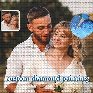 May include: A custom diamond painting kit featuring a couple, with a smaller image of the couple in the upper left corner. The image is made up of small squares, with a close-up of the diamond painting tool in the upper right corner. The words "custom diamond painting" are at the bottom.