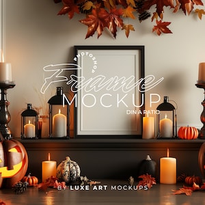 Halloween Vertical Fall Artwork PSD Mockup | DIN A Ratio | Solid Black Frame | Pumpkins & Candles | Themed Autumn Digital Art Display