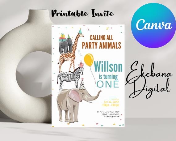 Editable Party Animals Birthday Invitation Template Printable Calling ...