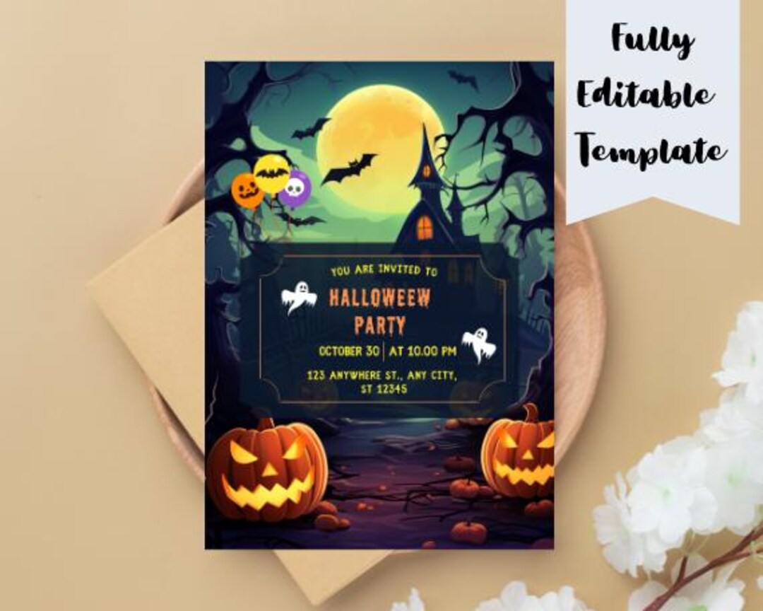 Editable Halloween Party Invitation Template, Digital Skull Pumpkin ...