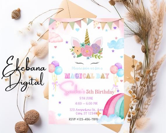 Editable Unicorn Birthday Invitation Template, Rainbow Invitation ...