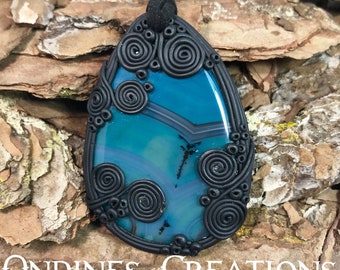 Teal Agate Crystal Healing Stone Hand Crafted Clay Pendant #172