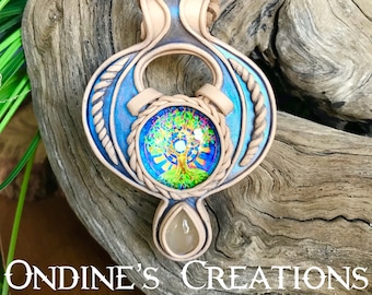 Tree Of Life Glass, Rainbow Moonstone Healing Stone Clay Pendant Festival Jewelry #214