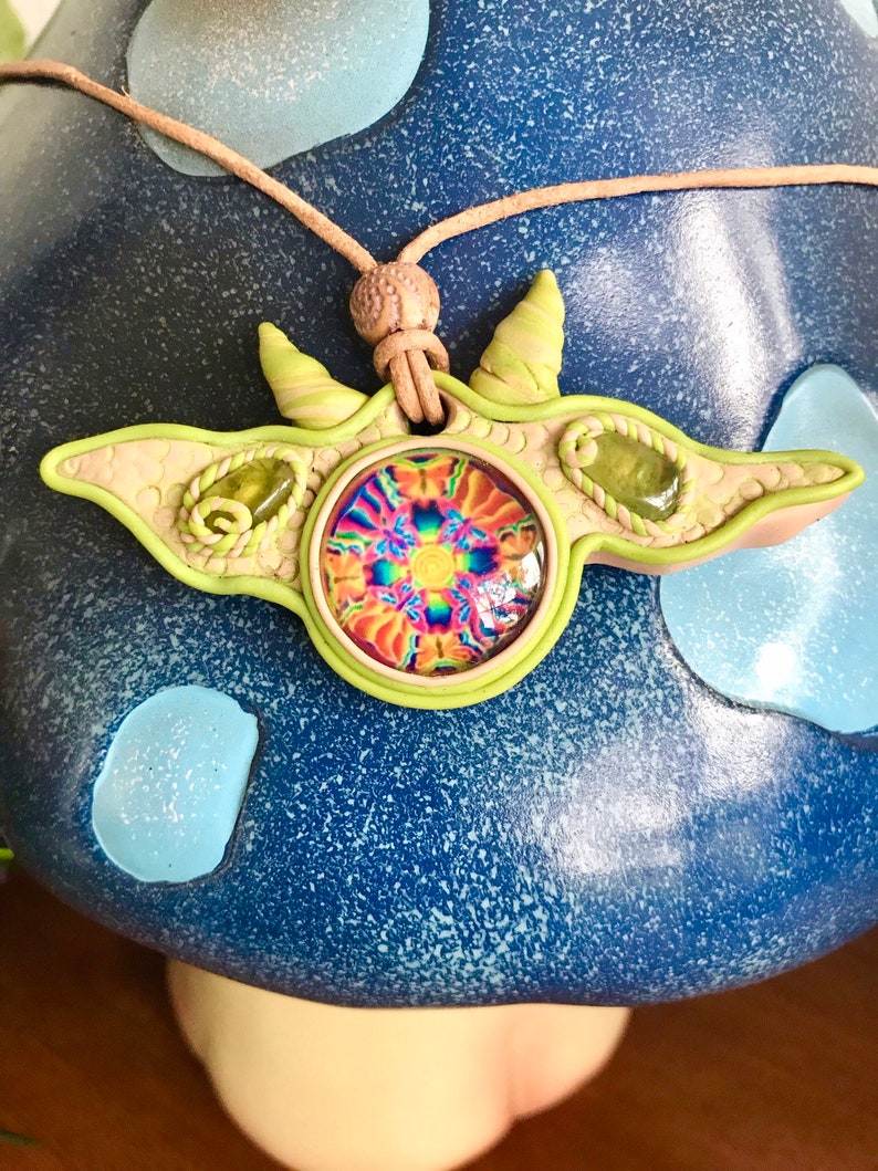 Healing Stone Pendant Trippy Glass Clay Pendant Festival Jewelry Green Horned Peridot Crystal Pendant Clay Pendant #232