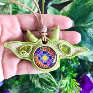 Green Horned Peridot, Trippy Glass Clay Pendant, Crystal Pendant, Festival Jewelry, Healing Stone Pendant,  Clay Pendant  #232