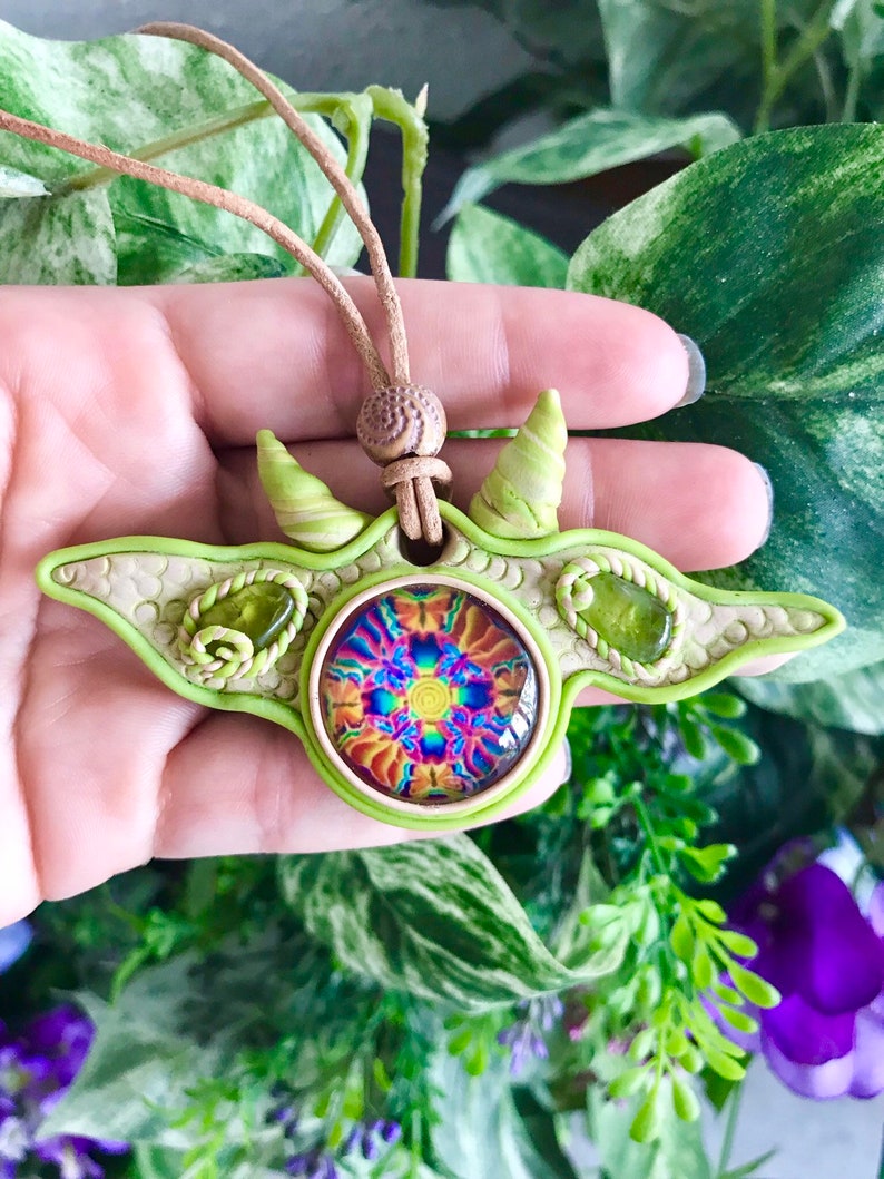 Healing Stone Pendant Trippy Glass Clay Pendant Festival Jewelry Green Horned Peridot Crystal Pendant Clay Pendant #232
