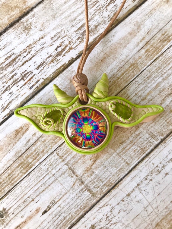 Healing Stone Pendant Trippy Glass Clay Pendant Festival Jewelry Green Horned Peridot Crystal Pendant Clay Pendant #232