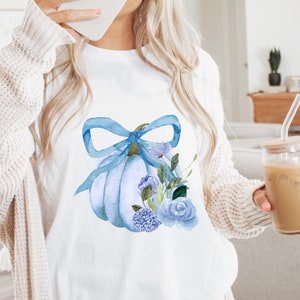 Blaues Blumen Kürbis-Hemd Komfort Farben Womens Herbst Kürbis-Hemd Damenbekleidung Übergroßes Rundhalsausschnitt Herbst-T-Shirt Herbst-T-Shirt Niedliches Herbst-Hemd