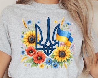 Ukrainian Trident Shirt Blue Yellow Floral Design Sunflowers Flag Art Patriotic Ukraine Gift National Symbol Print Support Ukraine Tee shirt
