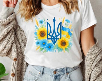 Ukrainian Trident Shirt Blue Yellow Floral Design Sunflowers Flag Art Patriotic Ukraine Gift National Symbol Print Support Ukraine Tee shirt