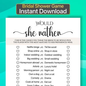 Bridal Shower Would She Rather Bridal Shower Game Would She Rather Game Bridal Shower Games Printable Bridal Shower Games Instant Download