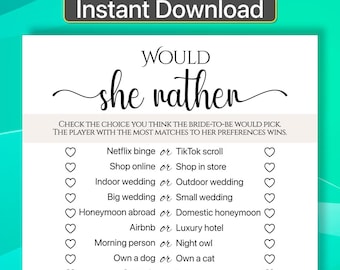 Bridal Shower Would She Rather Bridal Shower Game Would She Rather Game Bridal Shower Games Printable Bridal Shower Games Instant Download