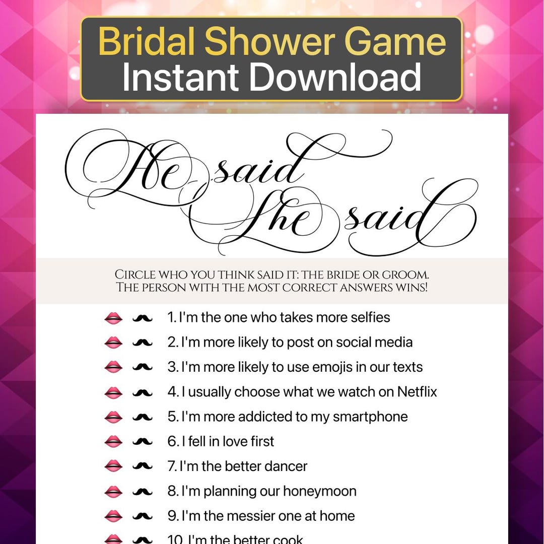 He Said She Said Game Minimalist Wedding Shower Games Printable Bridal ...