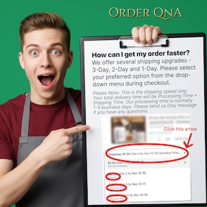 K&ouml;nnte beinhalten: Ein schwarzes Klemmbrett mit dem Text Order QNA, How can I get my order faster? Es enth&auml;lt Anweisungen zu Versand-Upgrades, Bearbeitungszeiten und eine visuelle Anleitung mit roten Kreisen und Pfeilen, die auf ein Versandmen&uuml; zeigen.