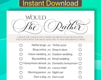 Bridal Shower Would She Rather Bridal Shower Game Would She Rather Game Bridal Shower Games Printable Bridal Shower Games Instant Download