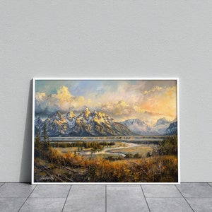 Grand Teton National Park Ölgemälde DRUCKBAR | Inspirierende warme Sonnenlicht Landschaft | Herunterladbare DRUCKBARE Digital | T05
