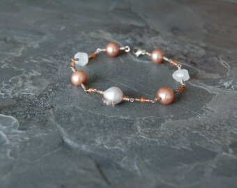 Natural Diamond - Hessonite Garnet - Akoya Pearls - Freshwater Pearls - Moonstone - Silver - Gold - Link Bracelet - OOAK