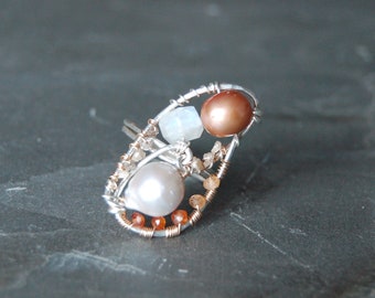 Geode Druzy Collection Sculptural Statement Ring  - Silver - Gold - Hessonite Garnet - Natural Diamonds - Pearls - Moonstone - Size 7.5