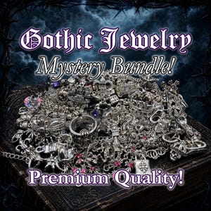 Puede incluir: Una colección de joyas góticas plateadas, incluyendo anillos y collares, se muestra sobre una superficie oscura y texturizada. La imagen incluye el texto "Gothic Jewelry Mystery Bundle! Premium Quality!"