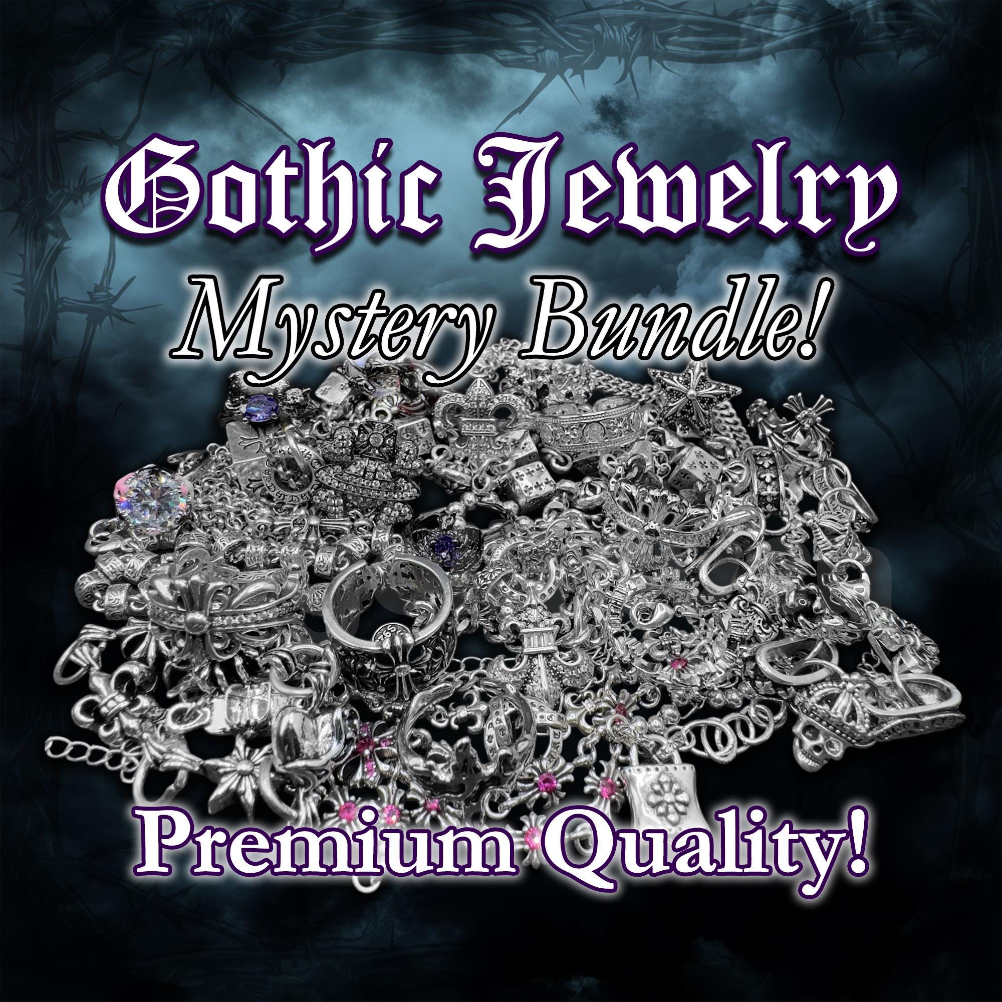 Gothic Jewelry Mystery Bundle: Silver Plated Rings, Bracelet & Necklace Gift Set
