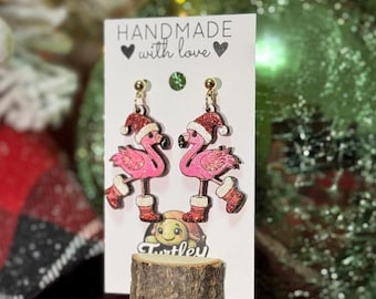 Handmade Flamingo Earrings - Tropical Pink Flamingo Dangle Earrings, Sparkly Christmas Jewelry, Unique Holiday Gift