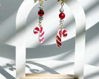 Handmade Glitter Candy Cane Earrings | Polymer Clay Holiday Jewelry