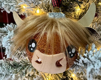 Highland Cow Shatterproof Ornament – Copper Glitter Bulb, Faux Fur, Kawaii Eyes, Gingham or Jute Hanger - Shatterproof