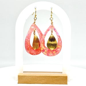 Pink Glitter Resin Earrings: Gold Teardrop Dangle, Handmade Jewelry
