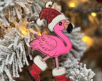 Tropical Holiday Flamingo Lover Christmas Ornament - Festive Flamingo with Santa Hat and Boots, Holiday Decor