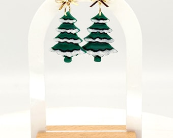 Handmade Christmas Tree Earrings with Gold Bow Studs | Festive Polymer Clay Jewelry