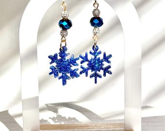 Handmade Glitter Blue Snowflake Resin Earrings | Holiday Jewelry