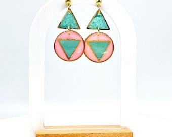 Resin Geometric Earrings: Pink Teal Retro Statement Dangle