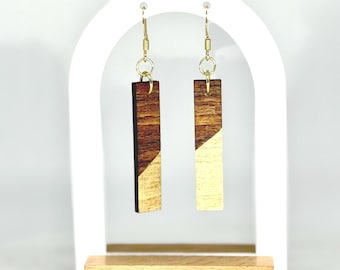 Wood Dangle Earrings: Gold Accent, Geometric Handmade Jewelry