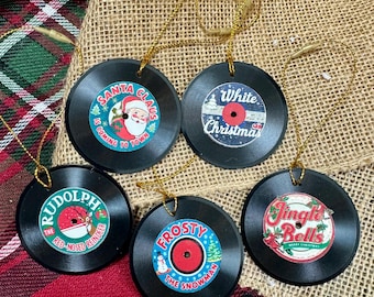 Mini Vinyl Record Ornaments - Set of 5 Classic Christmas Song Designs - Double-Sided Festive Tree Decor