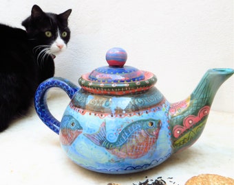 Hand painted Large teapot, artistic, beautiful colors with fish and patterns fired for everyday use painted by Pam Marwede