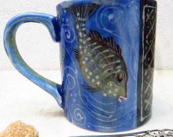 Fish Mug , Blue Fish Mug, hand painted fish mug