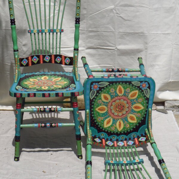 Hand painted CHAIR  Antique Oak Chair, One Of Two, Charming And Bright