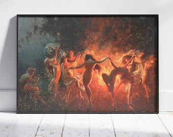 Fire Dance Painting: Vintage Witches and Nymphs Framed Wall Art